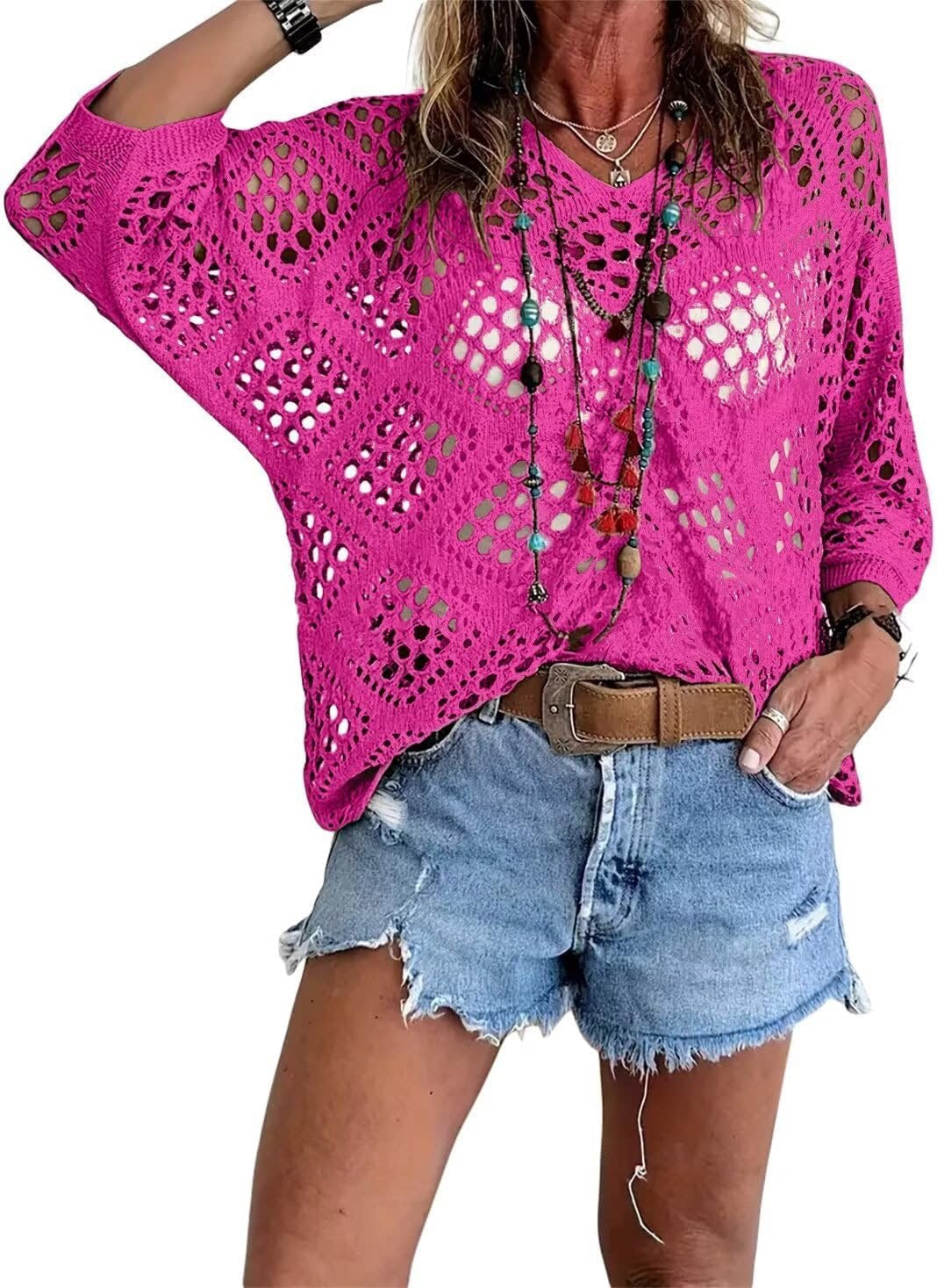 🥰🥰Summer Sale-50% OFF💛Womens Bohemian-Inspired Beige Crochet Top With V-Neck