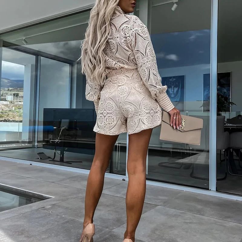 aldorian™-Women's Casual Elegant Lace 2-Piece Set with Button Down Shirt and Shorts