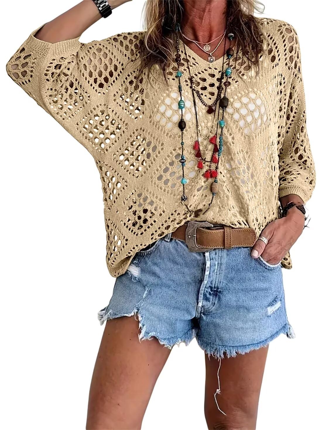 🥰🥰Summer Sale-50% OFF💛Womens Bohemian-Inspired Beige Crochet Top With V-Neck