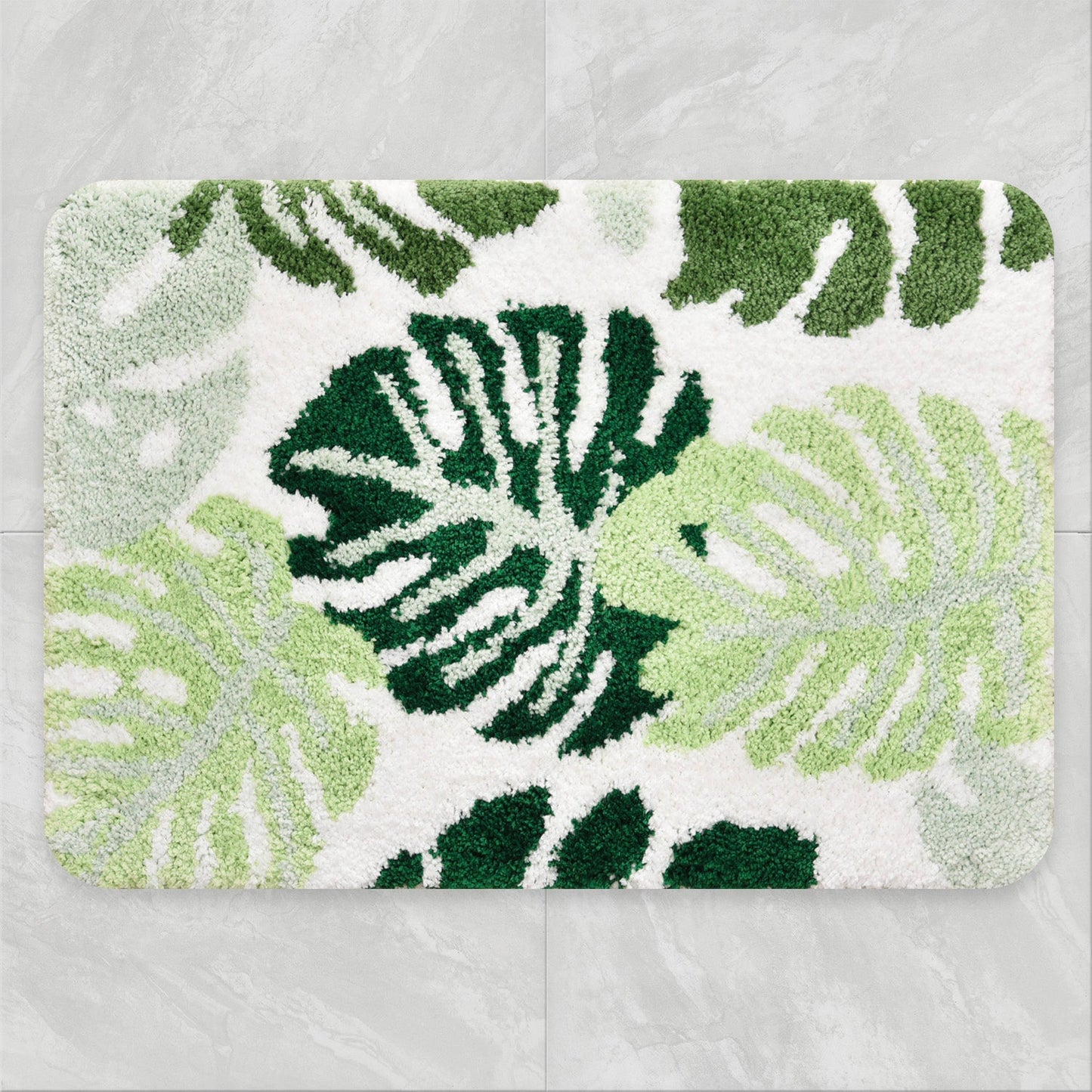 Green Leaves Bathroom Rug, Tropical Monstera Leaves Bath Mat