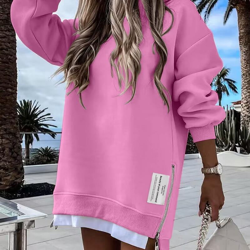🎁 2025 Womens Long Sleeve Pullover Sweatshirt Zipper Slit Casual Dress Drop Shoulder Oversized Outfits