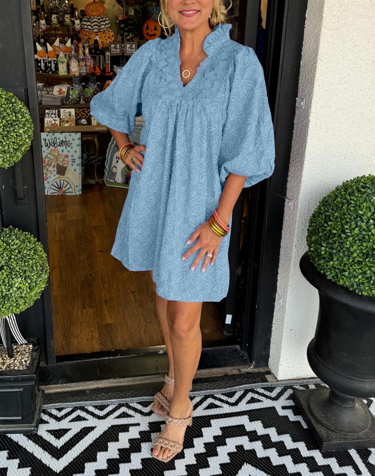 aldorian™-Women's Puff Sleeve Leaf Jacquard Mini Dress (Buy 2 Free Shipping)