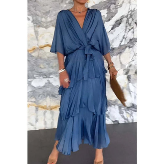 aldorian™-💐 Elegant layered dress with V-neckline, wrap around waist and tie