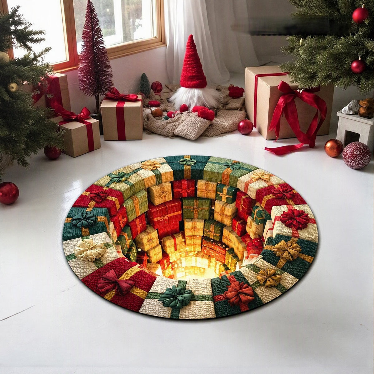 🎄3D Christmas Gnome Optical Illusion Round Rug | Fun Festive Home Decor Must‐Have⭐🏠🎁