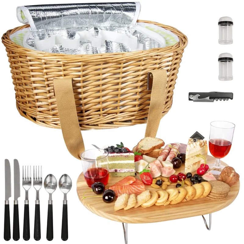 aldorian™-Hap tim insulated wicker picnic basket with foldable wine table and tableware service set, seats 4, perfect for couple gifts, wedding gifts, Valentine's Day gifts