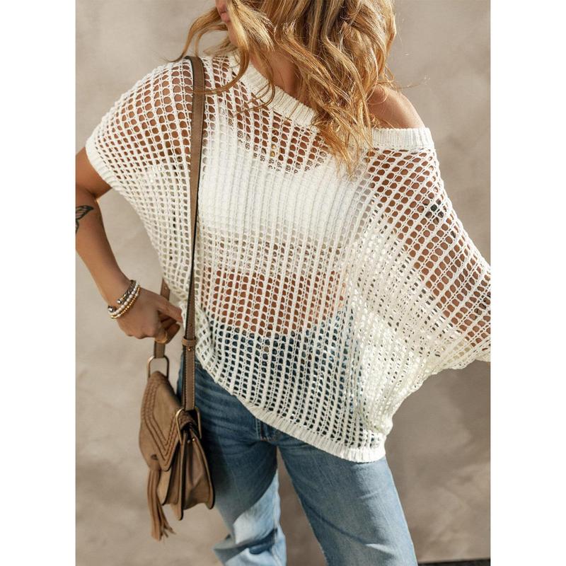 aldorian™-🎁 Womens Summer Scoop Neck Short Sleeve Sweater Casual Crochet Hollow Out Knit Tops Pullover Shirts Beach Coverup
