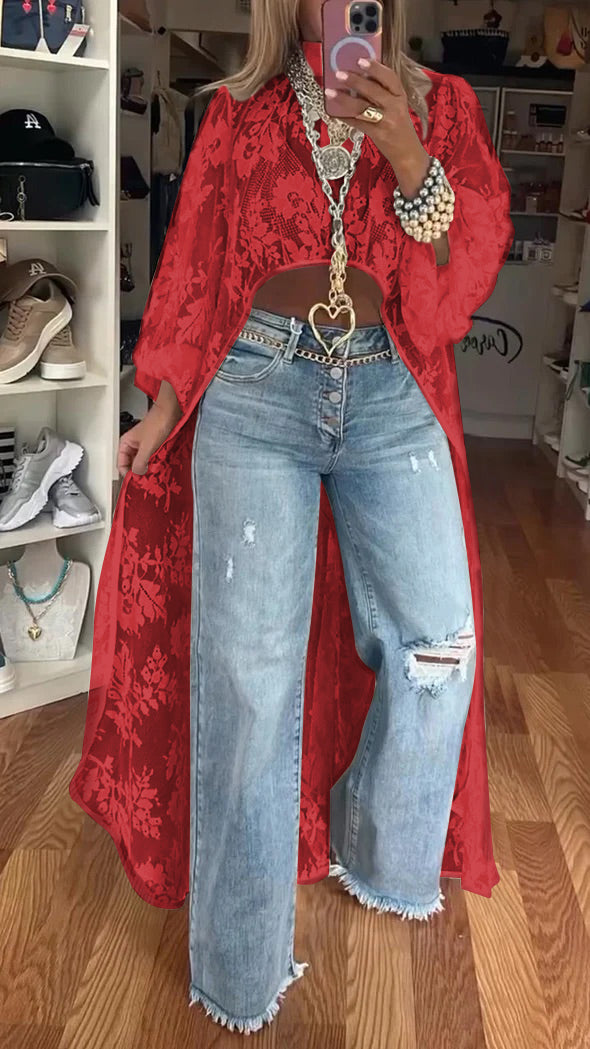 Women's Round Neck Lace Short Front Long Back Casual Tops
