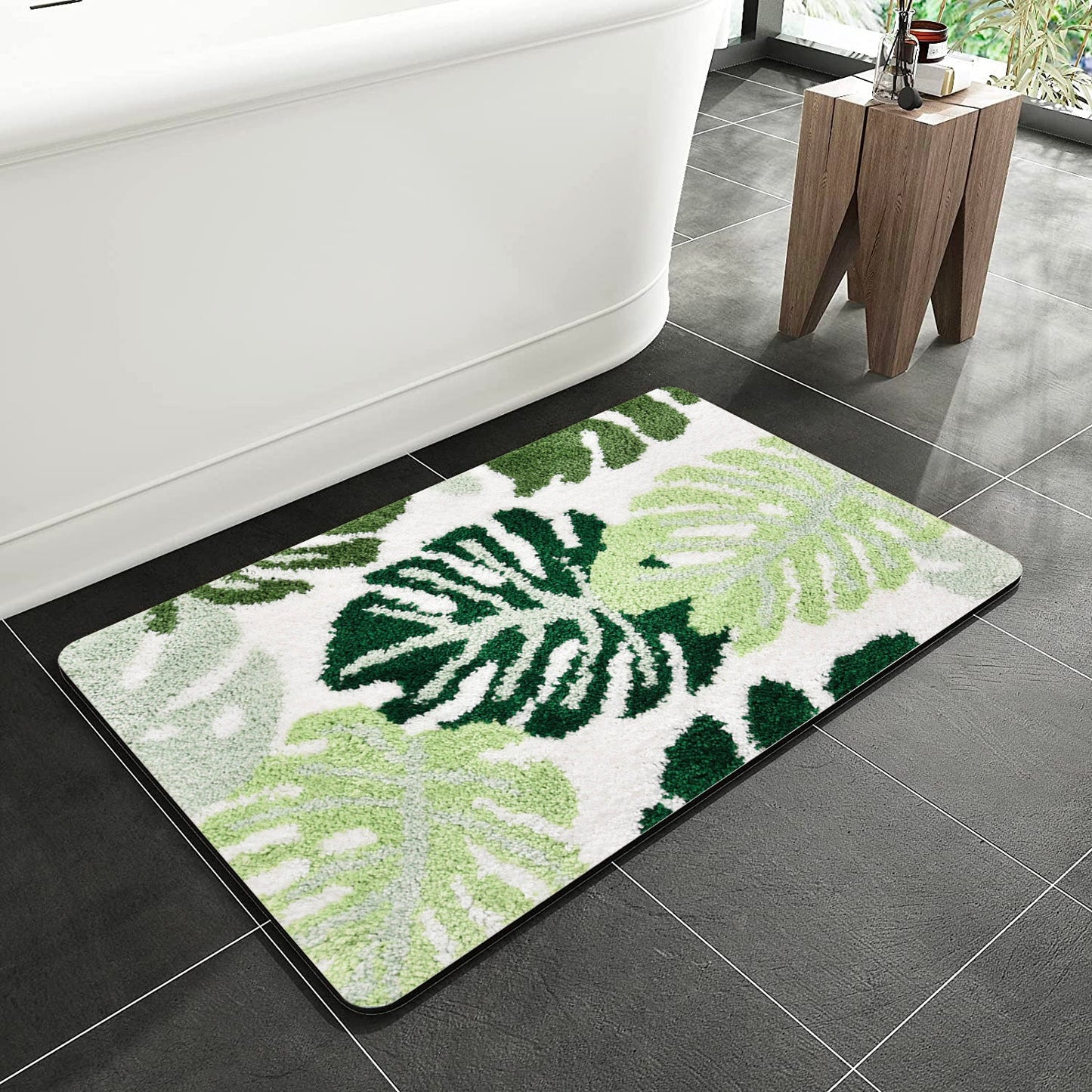 Green Leaves Bathroom Rug, Tropical Monstera Leaves Bath Mat