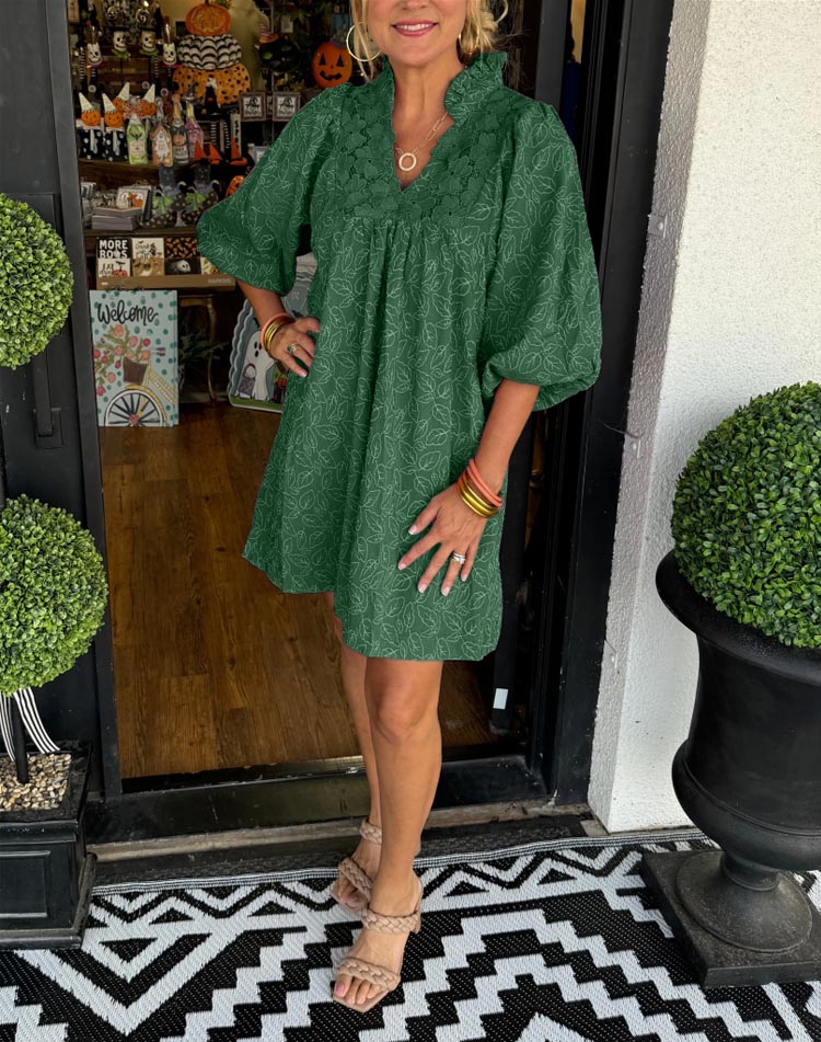aldorian™-Women's Puff Sleeve Leaf Jacquard Mini Dress (Buy 2 Free Shipping)