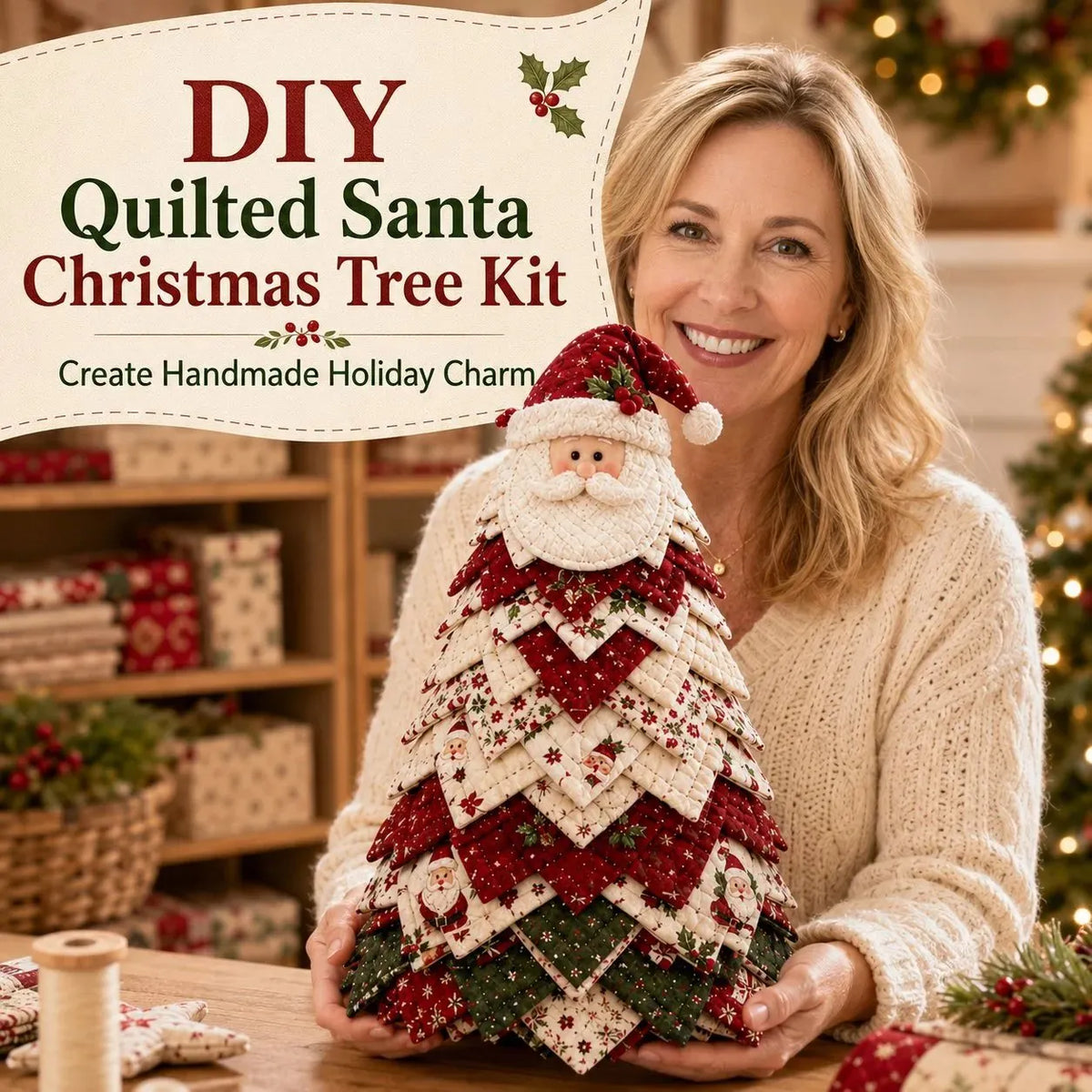 🔥HOT SALE🔥LAST DAY 50% OFF - 🎄DIY Quilted Santa Christmas Tree Kit – Handmade Fabric Holiday Tabletop Tree Decor
