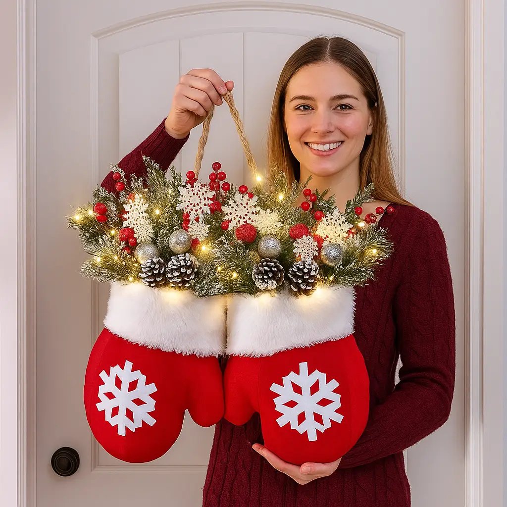 Twinkling Christmas Mitten Wreath with 120 LED Lights & 10H Auto Timer