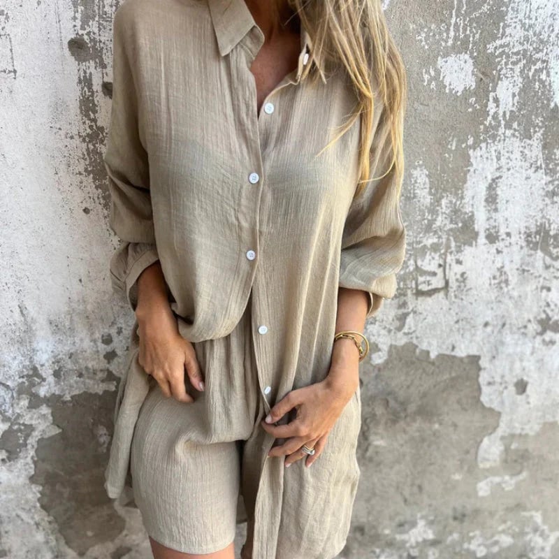 aldorian™-🎉2025 New Products Hot Sale✨Women's Casual Long Sleeve Shirt & Shorts Two-Piece Set