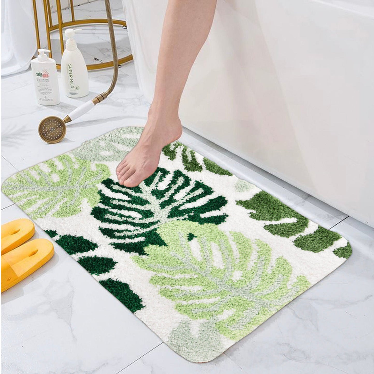 Green Leaves Bathroom Rug, Tropical Monstera Leaves Bath Mat