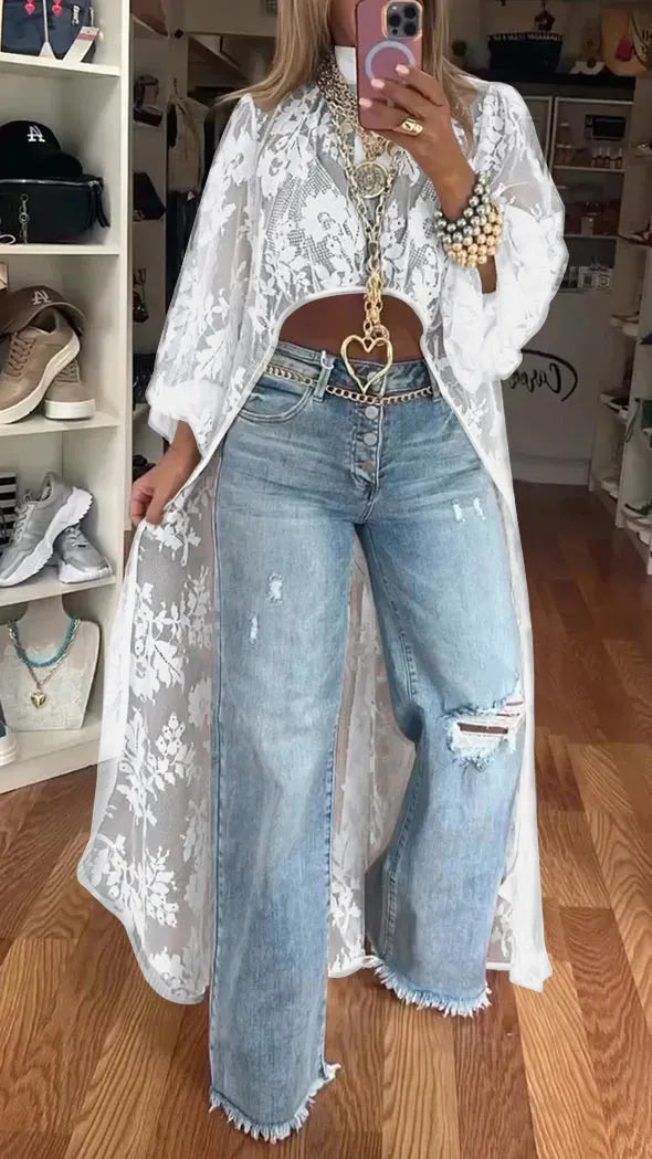 Women's Round Neck Lace Short Front Long Back Casual Tops