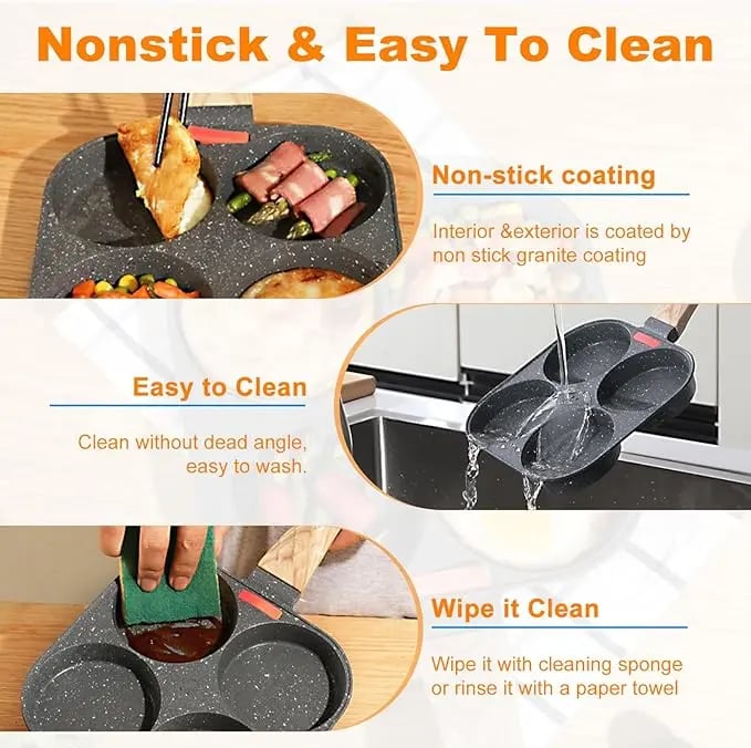 Non-stick Egg Frying Pan, 4 Holes Skillet With Handle, Multifunctional, Wooden Handle Medical Stone Omelet Non-stick Cookware frying pan