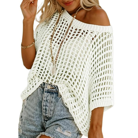 aldorian™-🎁 Womens Summer Scoop Neck Short Sleeve Sweater Casual Crochet Hollow Out Knit Tops Pullover Shirts Beach Coverup