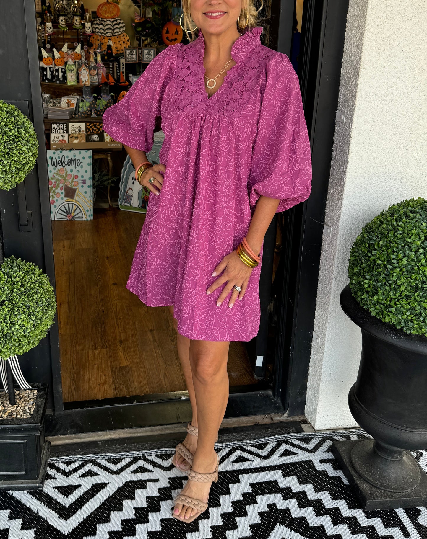 aldorian™-Women's Puff Sleeve Leaf Jacquard Mini Dress (Buy 2 Free Shipping)