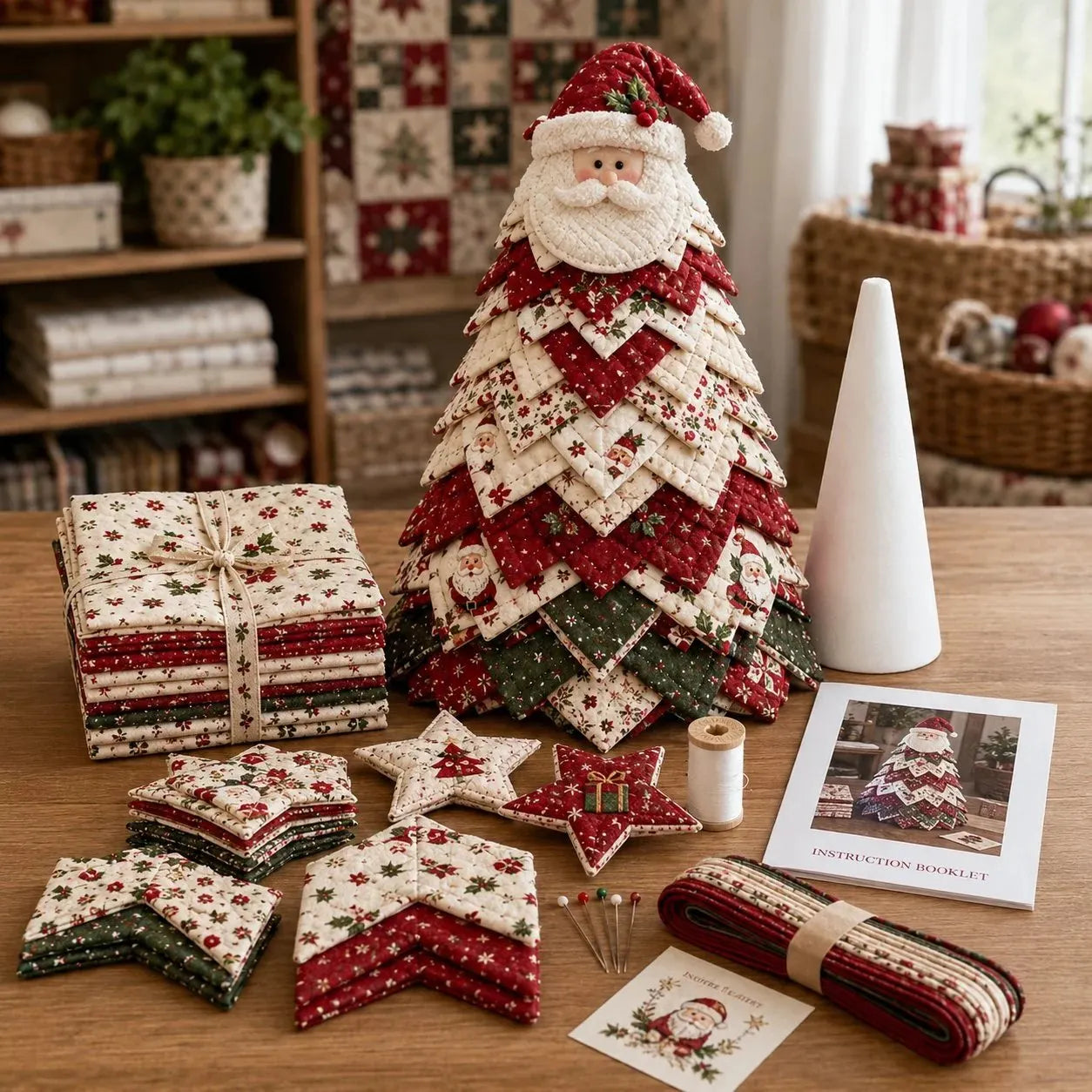 🔥HOT SALE🔥LAST DAY 50% OFF - 🎄DIY Quilted Santa Christmas Tree Kit – Handmade Fabric Holiday Tabletop Tree Decor