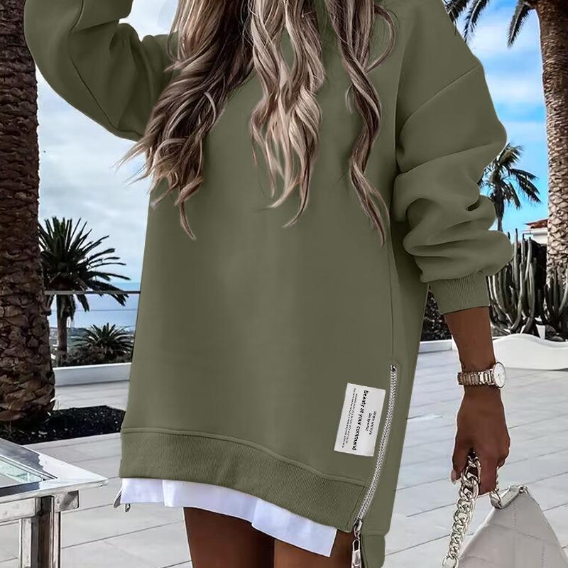 🎁 2025 Womens Long Sleeve Pullover Sweatshirt Zipper Slit Casual Dress Drop Shoulder Oversized Outfits
