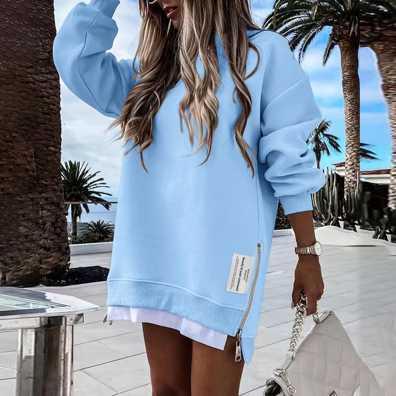 🎁 2025 Womens Long Sleeve Pullover Sweatshirt Zipper Slit Casual Dress Drop Shoulder Oversized Outfits