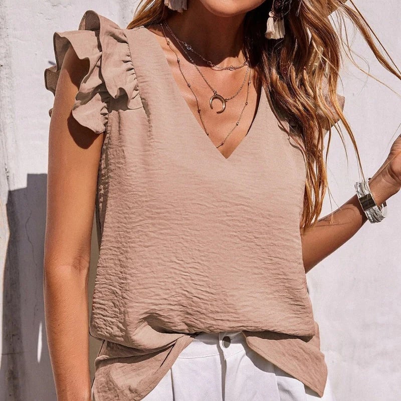 🌟V-Neck Ruffle Sleeveless Stretch Top