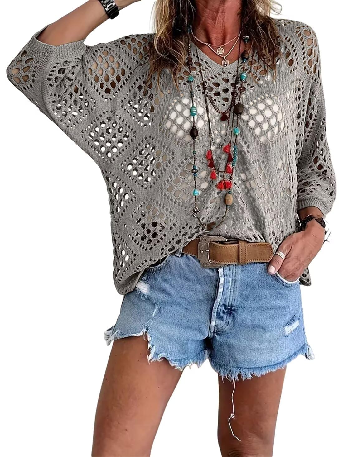 🥰🥰Summer Sale-50% OFF💛Womens Bohemian-Inspired Beige Crochet Top With V-Neck