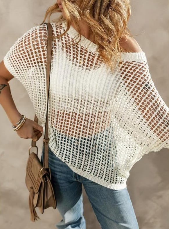 aldorian™-🎁 Womens Summer Scoop Neck Short Sleeve Sweater Casual Crochet Hollow Out Knit Tops Pullover Shirts Beach Coverup