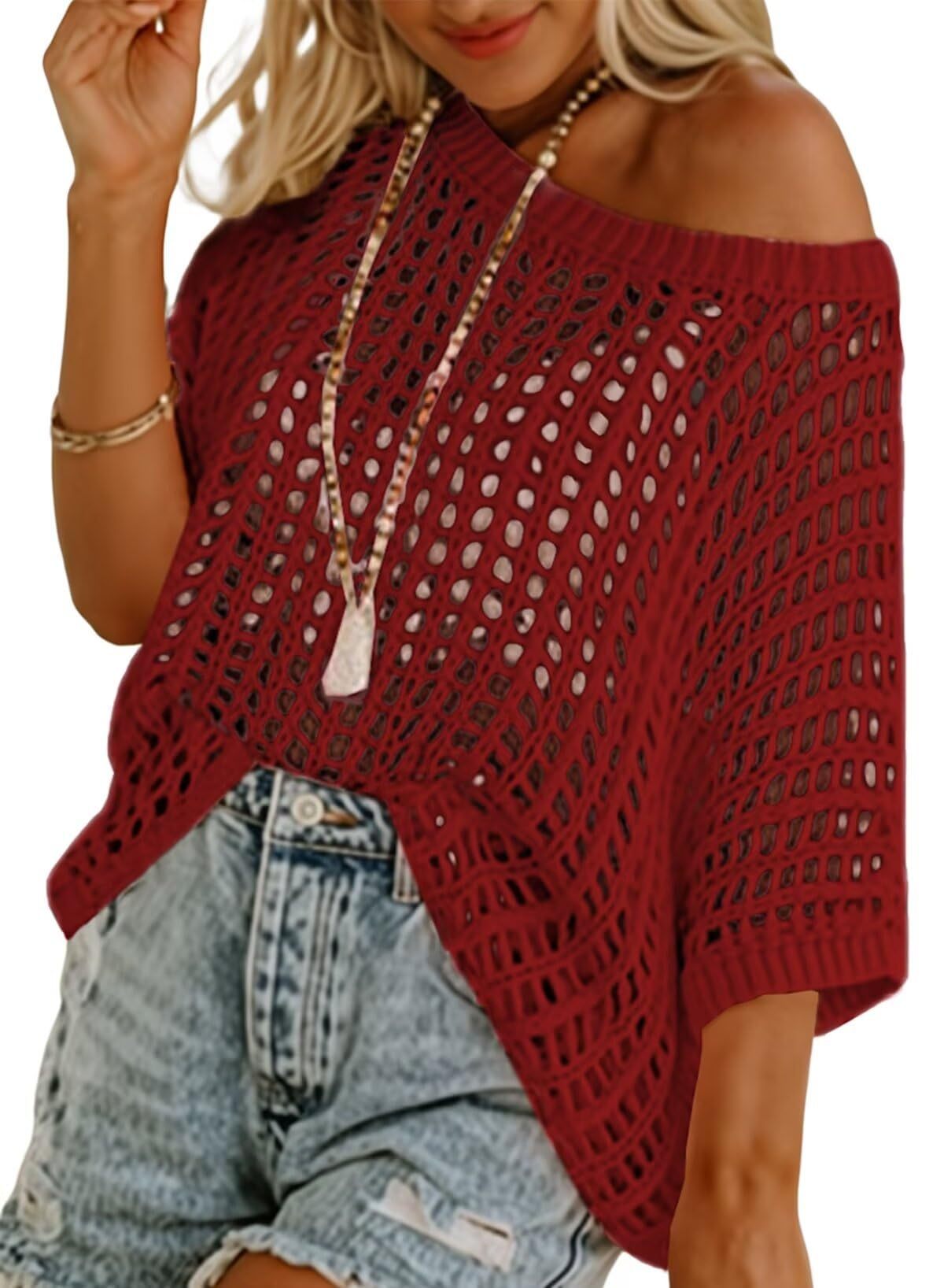aldorian™-🎁 Womens Summer Scoop Neck Short Sleeve Sweater Casual Crochet Hollow Out Knit Tops Pullover Shirts Beach Coverup
