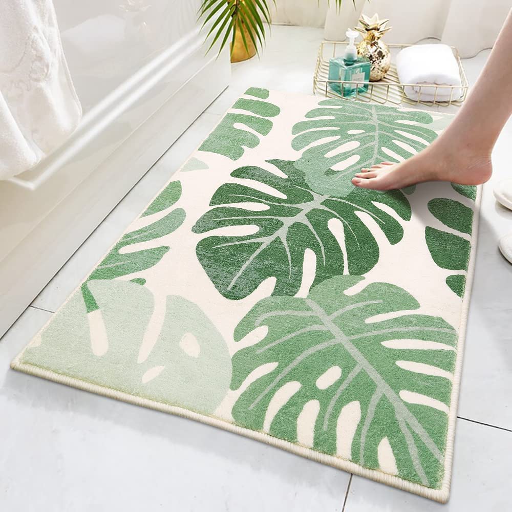 Green Leaves Bathroom Rug, Tropical Monstera Leaves Bath Mat