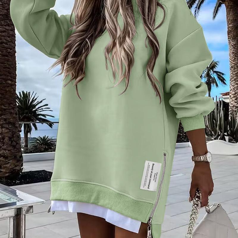 🎁 2025 Womens Long Sleeve Pullover Sweatshirt Zipper Slit Casual Dress Drop Shoulder Oversized Outfits