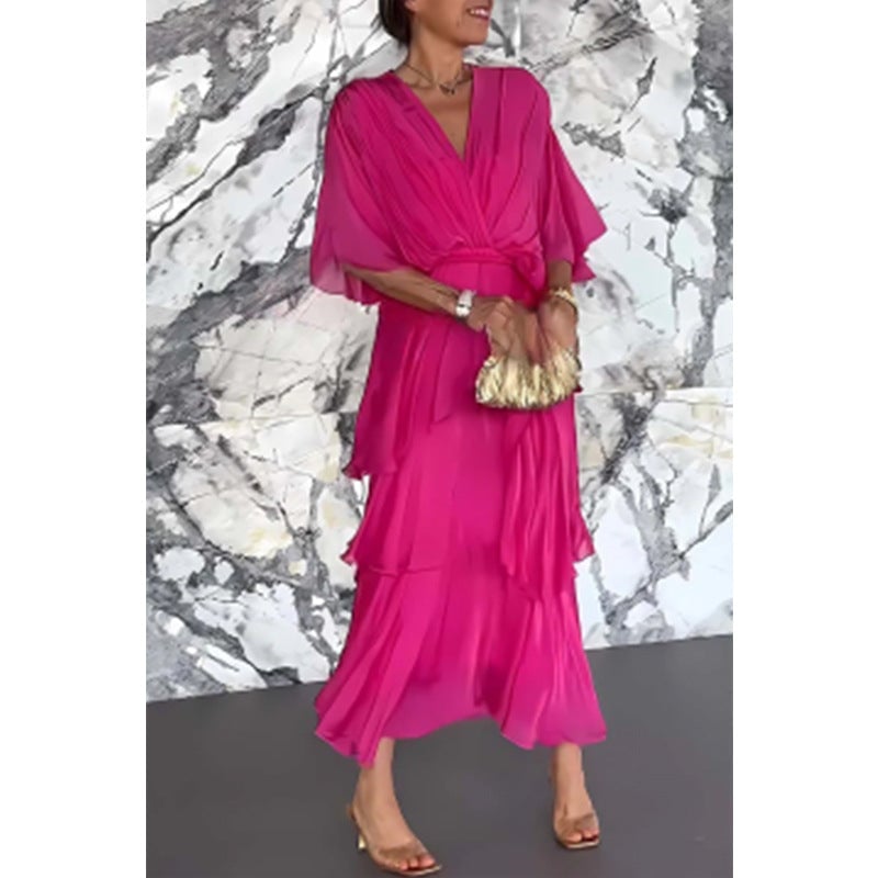 aldorian™-💐 Elegant layered dress with V-neckline, wrap around waist and tie