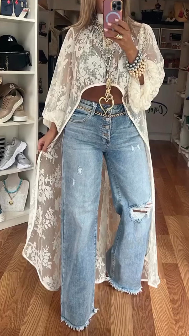 Women's Round Neck Lace Short Front Long Back Casual Tops