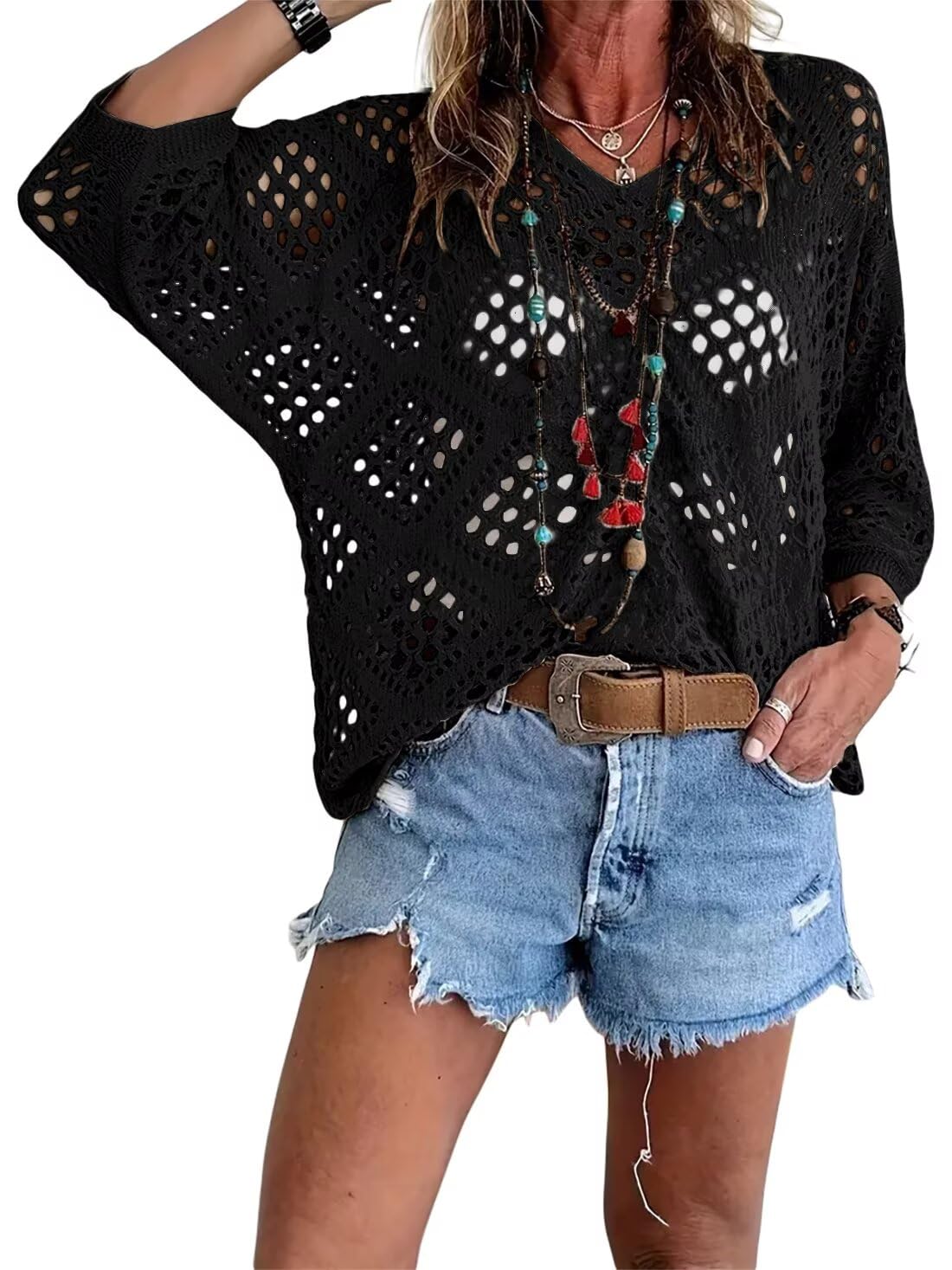 🥰🥰Summer Sale-50% OFF💛Womens Bohemian-Inspired Beige Crochet Top With V-Neck