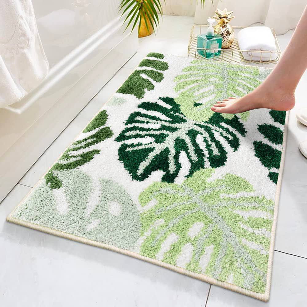 Green Leaves Bathroom Rug, Tropical Monstera Leaves Bath Mat