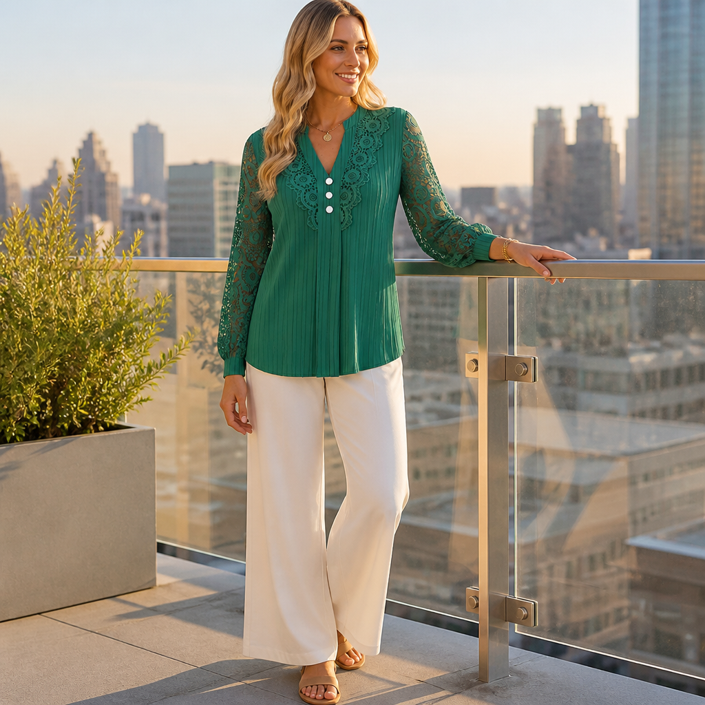 New solid color V-neck lace women's shirt