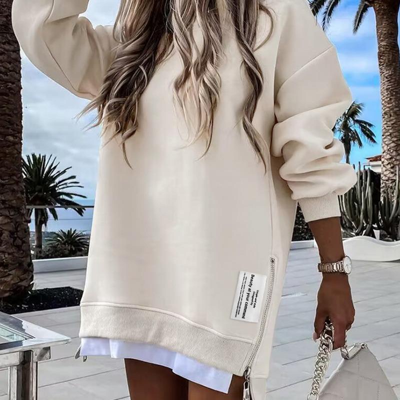🎁 2025 Womens Long Sleeve Pullover Sweatshirt Zipper Slit Casual Dress Drop Shoulder Oversized Outfits
