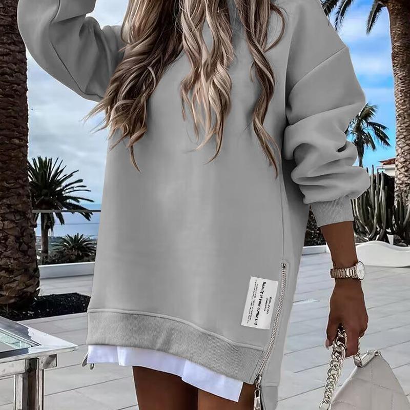 🎁 2025 Womens Long Sleeve Pullover Sweatshirt Zipper Slit Casual Dress Drop Shoulder Oversized Outfits