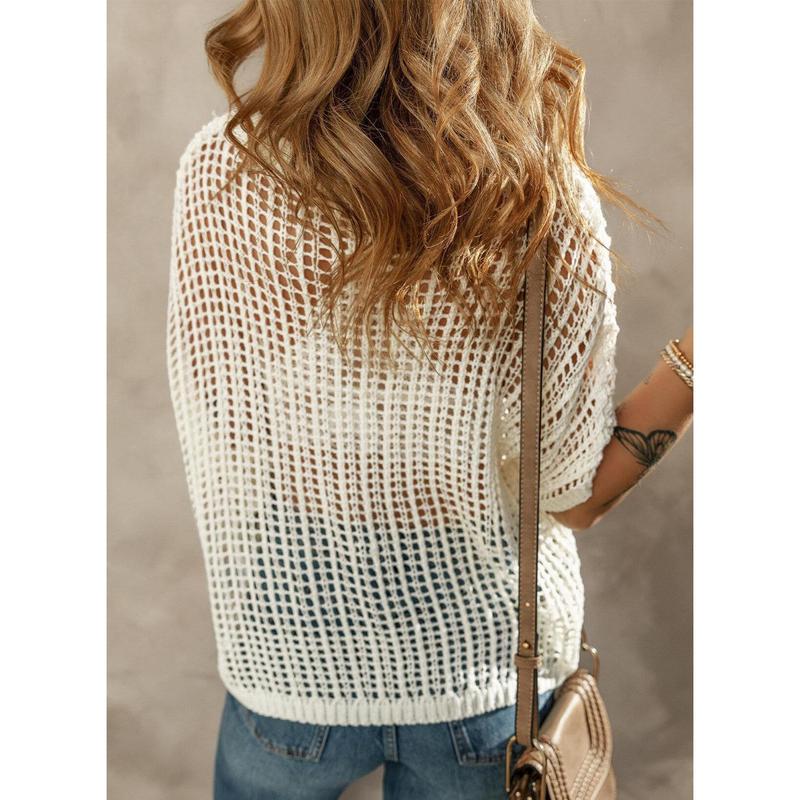 aldorian™-🎁 Womens Summer Scoop Neck Short Sleeve Sweater Casual Crochet Hollow Out Knit Tops Pullover Shirts Beach Coverup