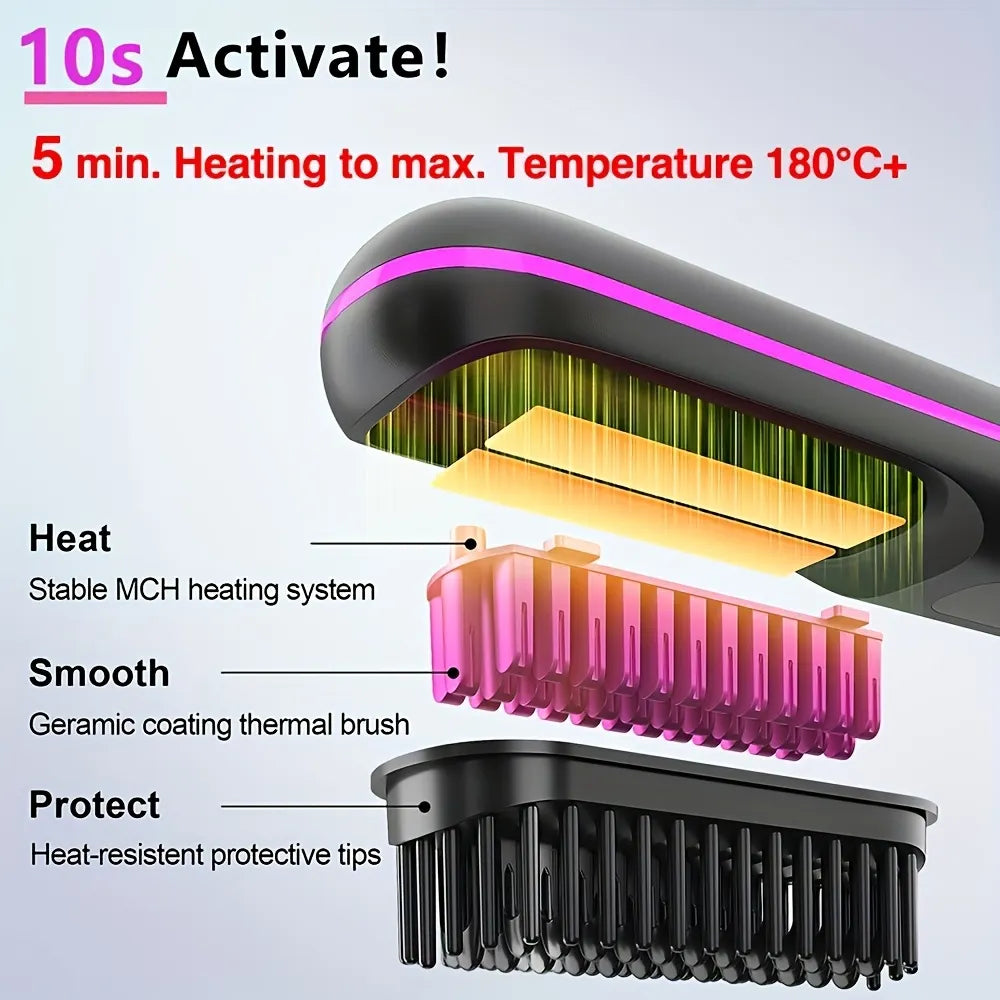2-in-1 USB-Rechargeable Heated Hair Straightening Brush