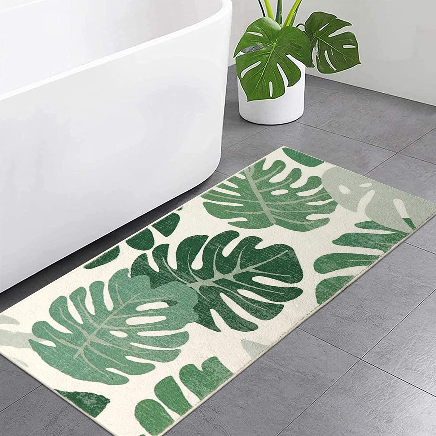 Green Leaves Bathroom Rug, Tropical Monstera Leaves Bath Mat