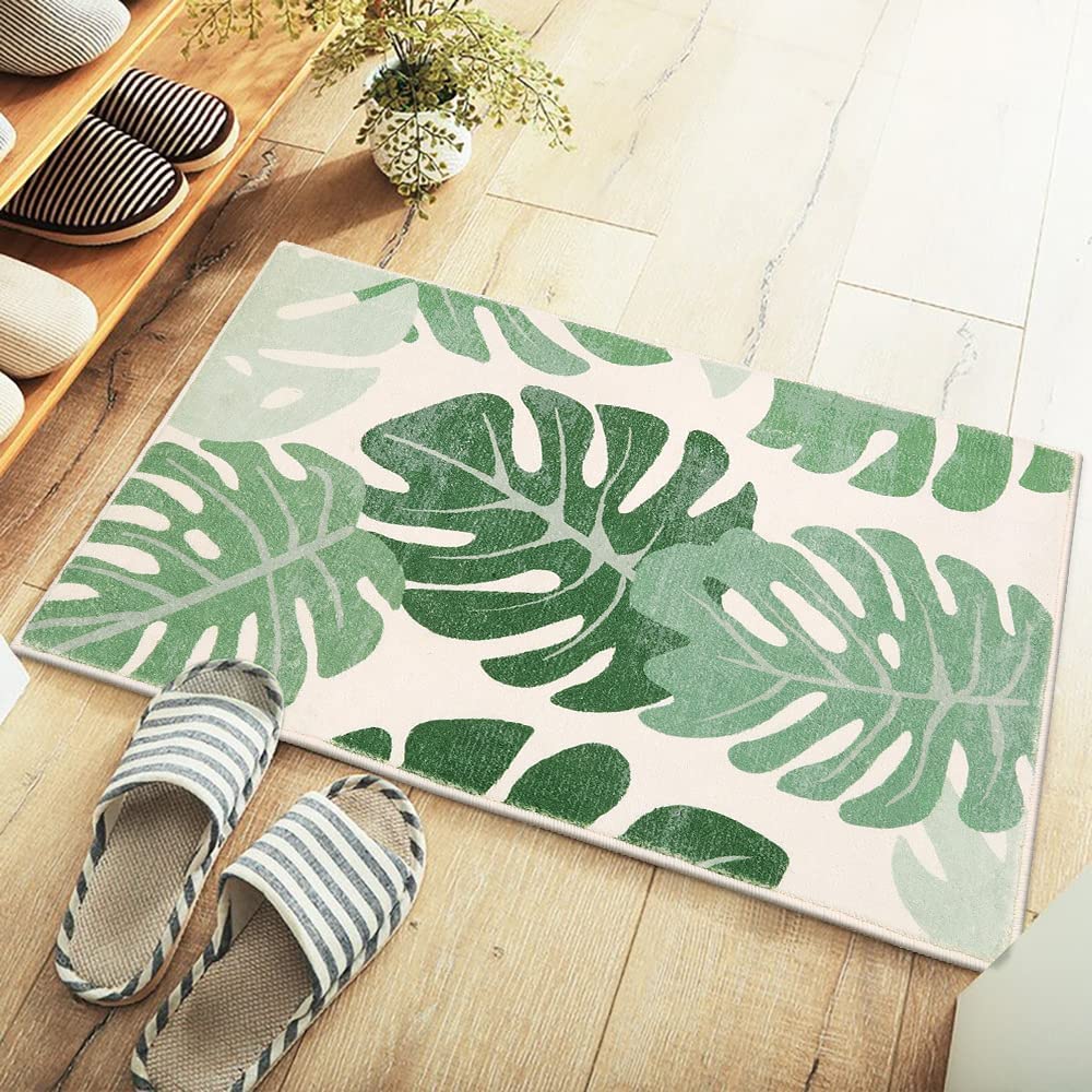 Green Leaves Bathroom Rug, Tropical Monstera Leaves Bath Mat