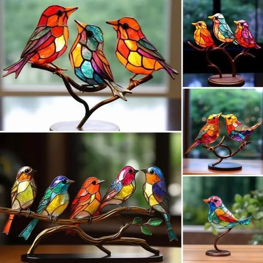 aldorian™-Stained Glass Birds on Branch Desktop Ornaments