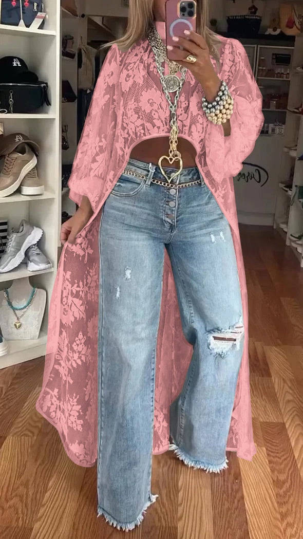 Women's Round Neck Lace Short Front Long Back Casual Tops