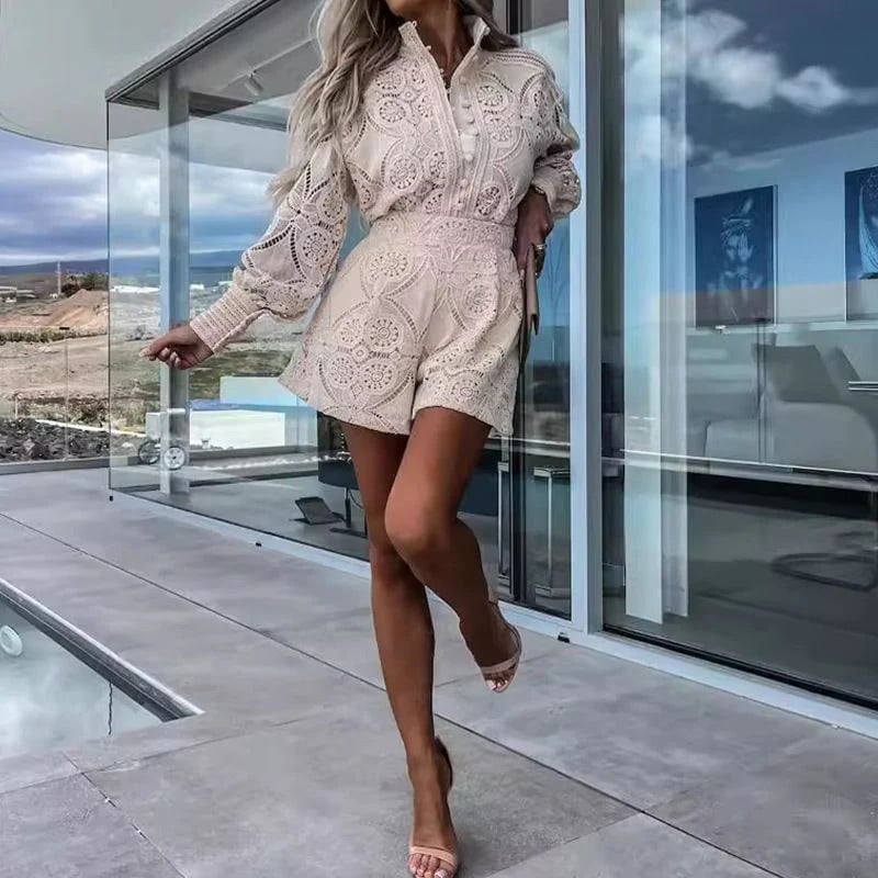 aldorian™-Women's Casual Elegant Lace 2-Piece Set with Button Down Shirt and Shorts