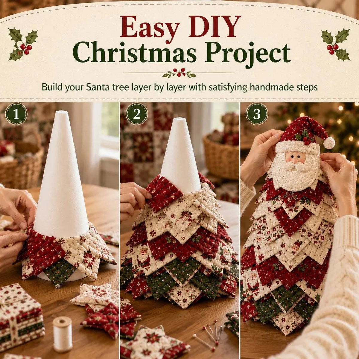🔥HOT SALE🔥LAST DAY 50% OFF - 🎄DIY Quilted Santa Christmas Tree Kit – Handmade Fabric Holiday Tabletop Tree Decor