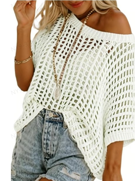 aldorian™-🎁 Womens Summer Scoop Neck Short Sleeve Sweater Casual Crochet Hollow Out Knit Tops Pullover Shirts Beach Coverup