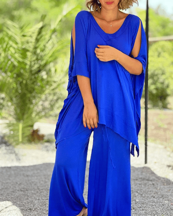 aldorian™-🎀💕Loose, casual, two-piece suit with a v-neck and wide legs