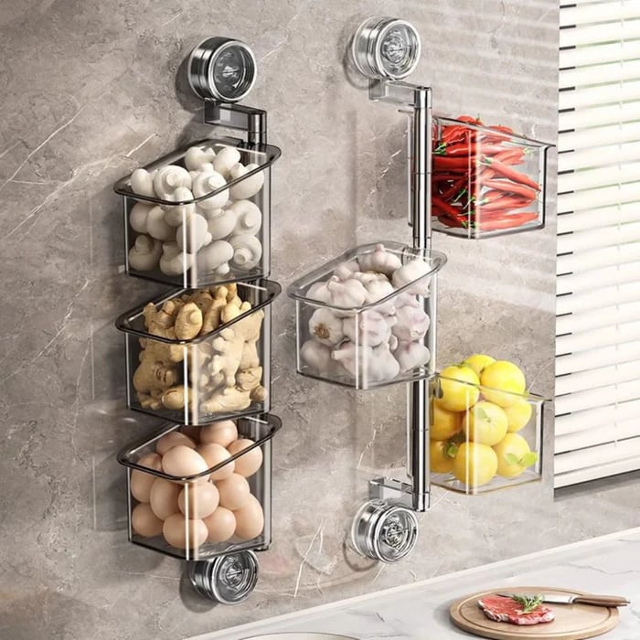 3 Tier Kitchen Suction Cup Rotating Organizer Shelf - Onion, Ginger And Garlic Storage Basket Spice Suction Rack