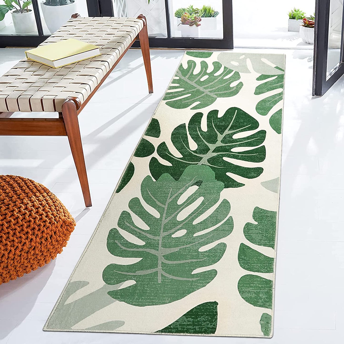 Green Leaves Bathroom Rug, Tropical Monstera Leaves Bath Mat