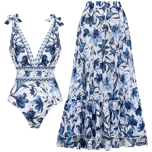 aldorian™-Women's Adjustable Shoulder Floral Print One Piece Swimsuit with Skirt/Sarong (Buy 2 Free Shipping)